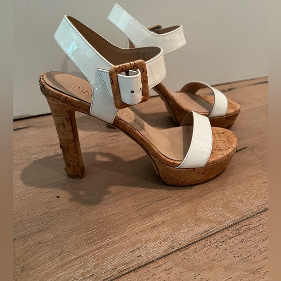 Stuart Weitzman Alesha Platform White Patent Leather/ Cork Sandal Size 7 - Picture 4 of 13
